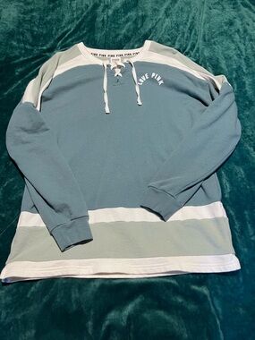 PINK Victoria's Secret Lace-Up Crewneck Sweatshirt in Sage Blue & White